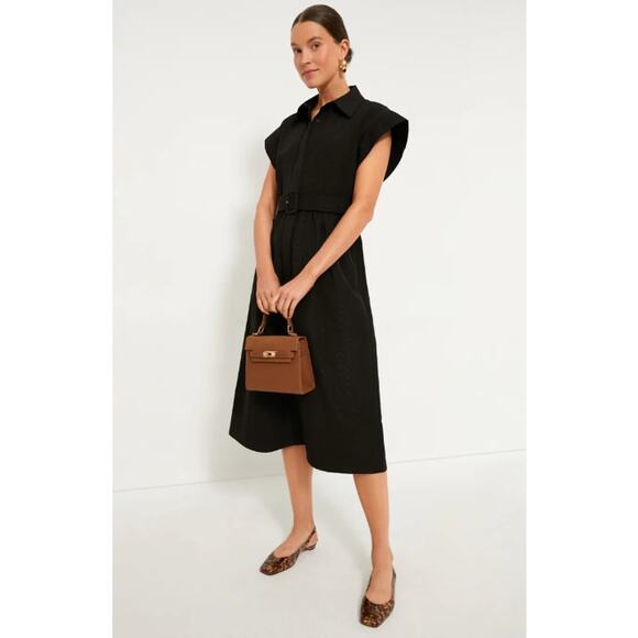 Tuckernuck Black Chloe Dress Short Sleeve Button Front Midi Dress Size Large (L)